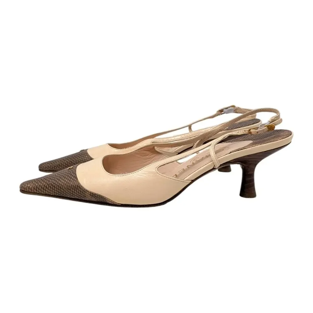 Chanel Vintage Pointed Toe Slingback Kitten Heel Beige Brown CC Logo 36.5 | 6